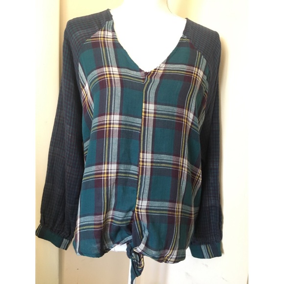 Umgee Mixed Plaid Front Tie Boho Woven Blouse - Picture 3 of 5